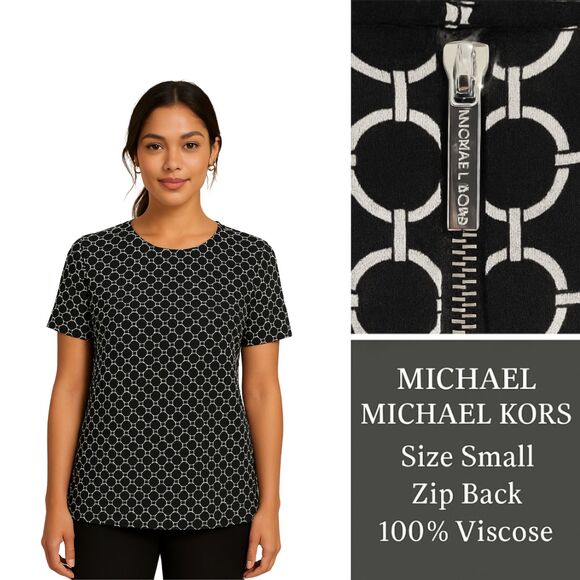 Michael Kors Black White Chain Print Blouse Top Small Zip Back - Picture 1 of 9